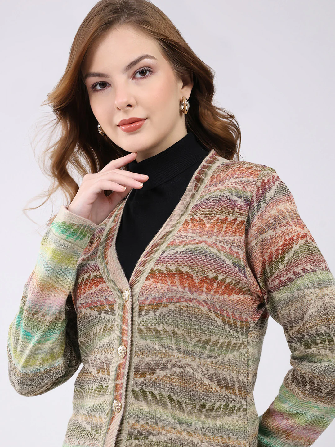 Women Multicolor Self Design V Neck Full Sleeve Cardigan - Image 6