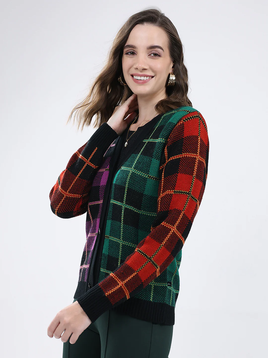 Women Multicolor Self Design V Neck Full Sleeve Cardigan - Image 3