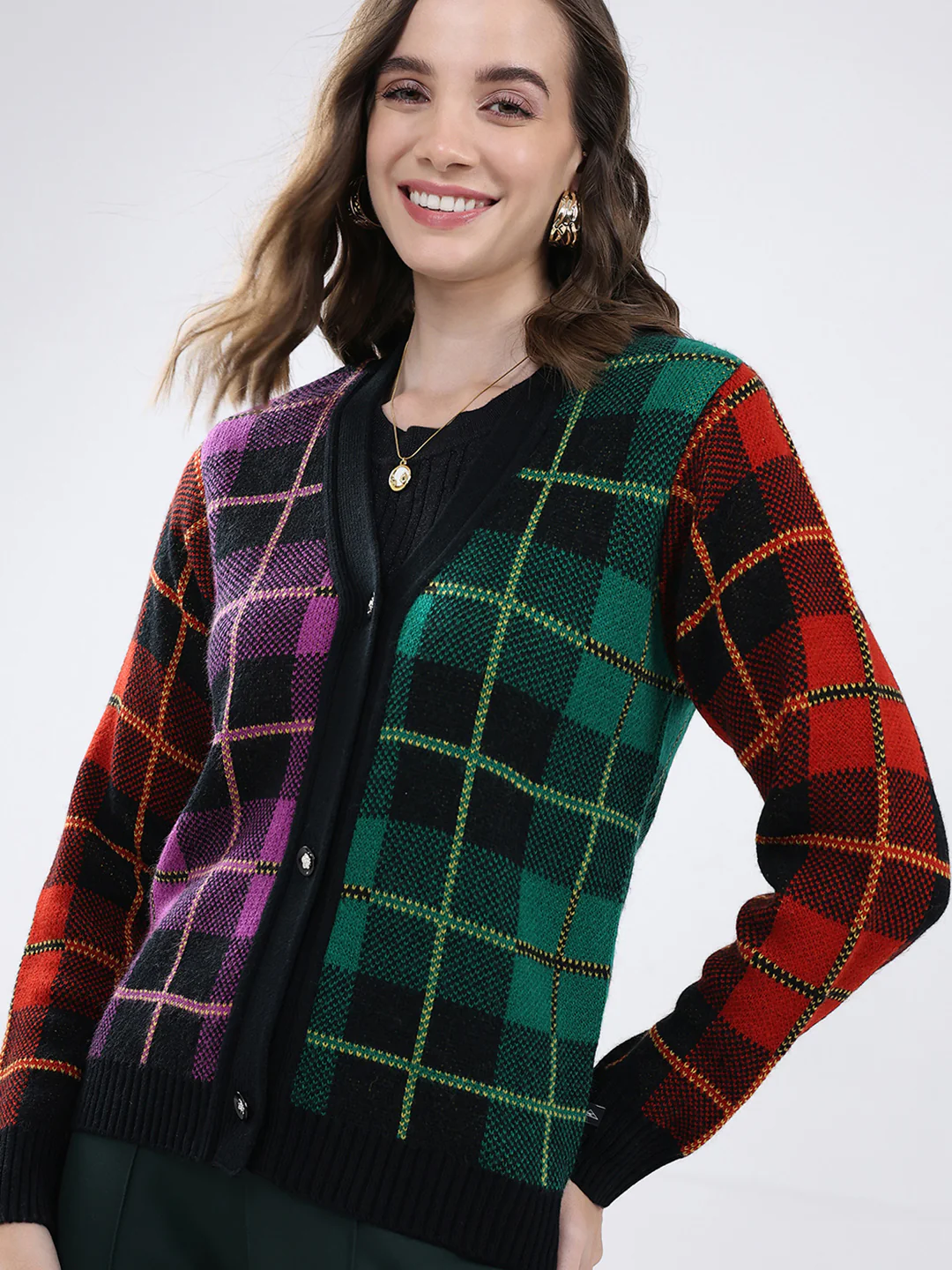 Women Multicolor Self Design V Neck Full Sleeve Cardigan - Image 7