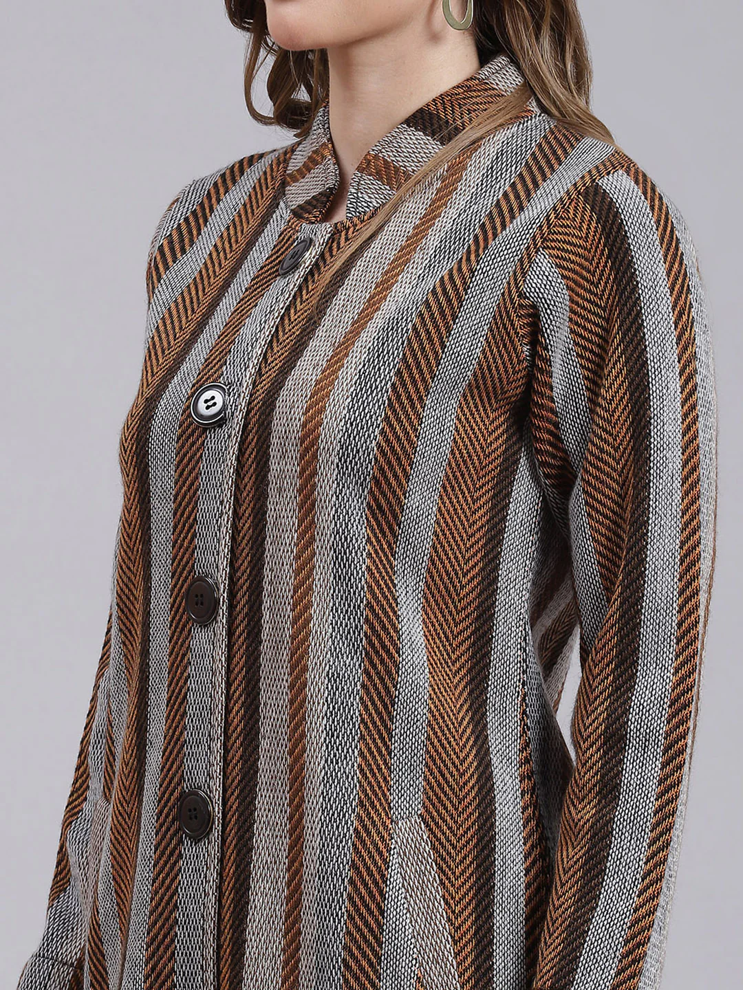 Women Multicolor Self Design Wool blend Knitted Coat - Image 2