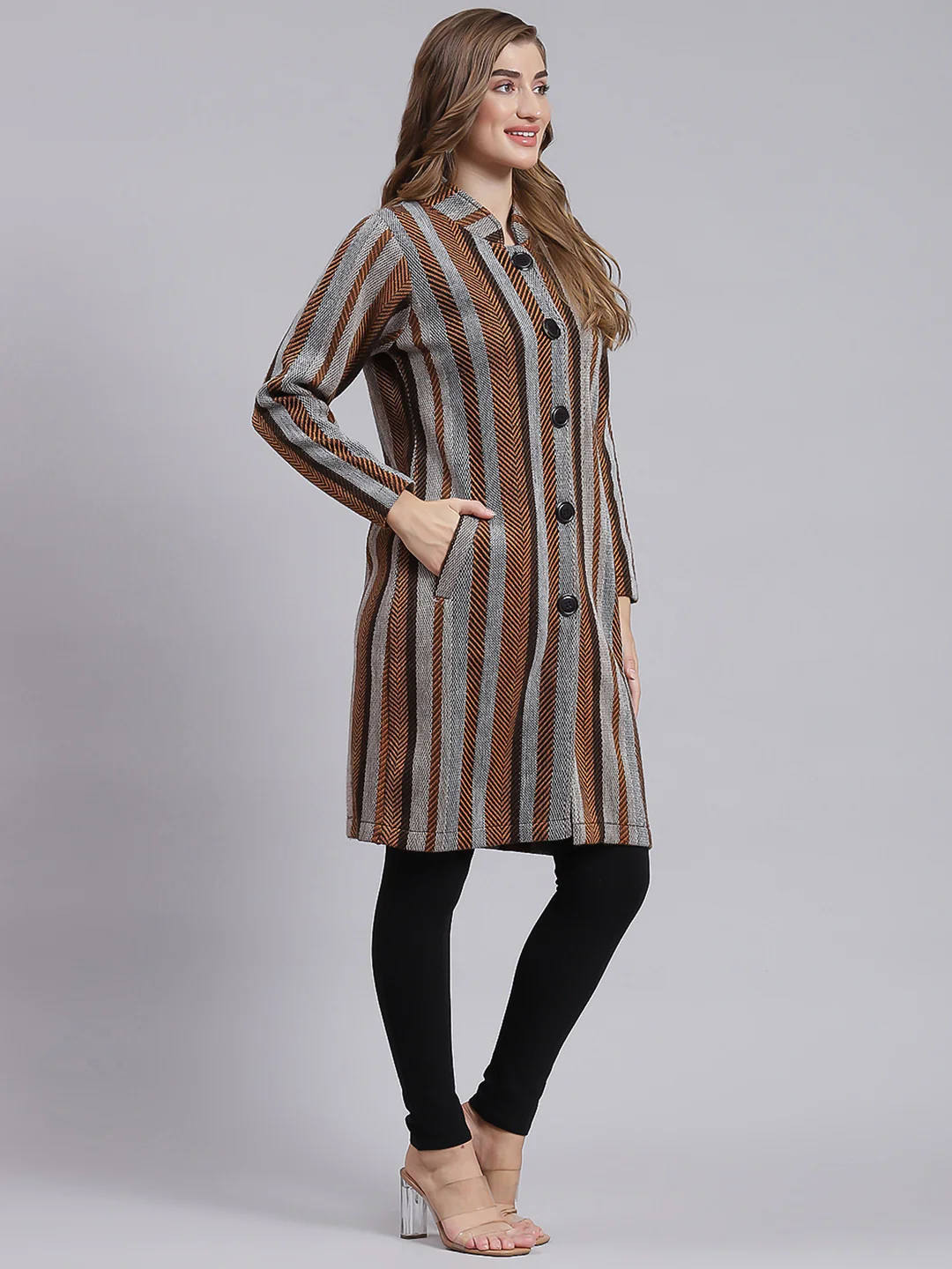 Women Multicolor Self Design Wool blend Knitted Coat - Image 4