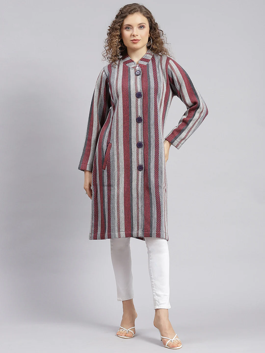 Women Multicolor Self Design Wool blend Knitted Coat - Image 3