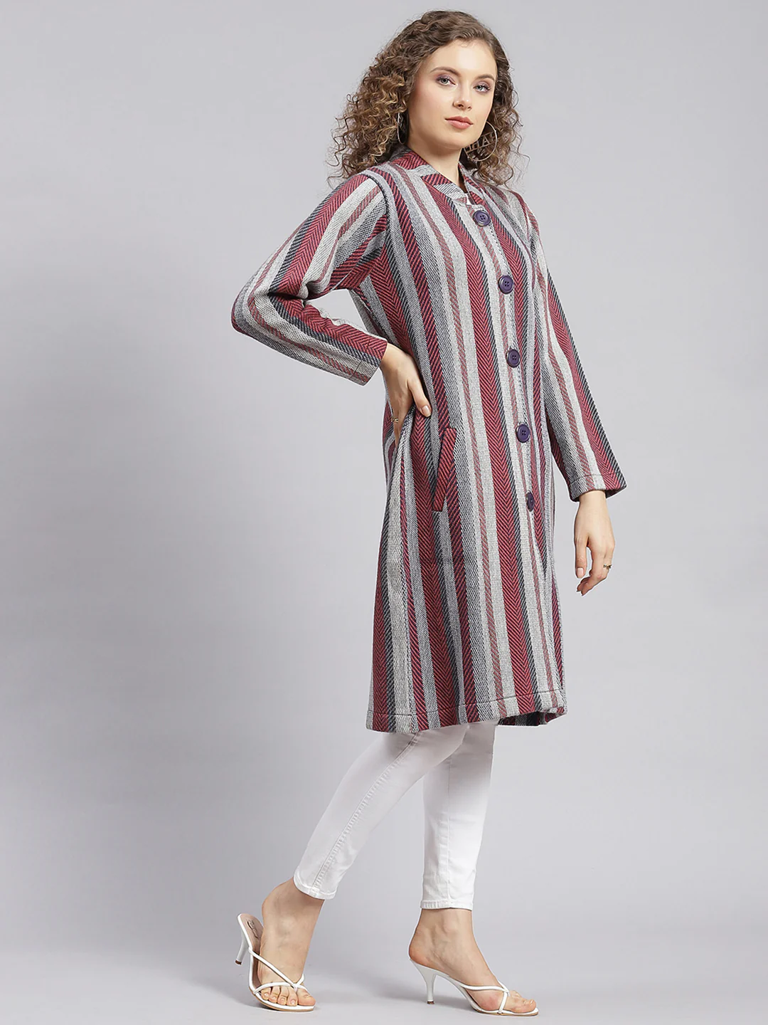 Women Multicolor Self Design Wool blend Knitted Coat - Image 4