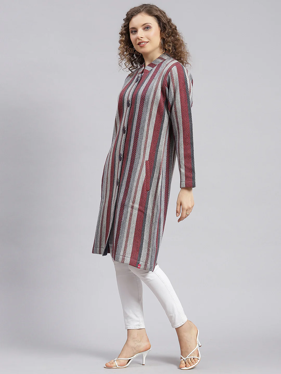 Women Multicolor Self Design Wool blend Knitted Coat - Image 5