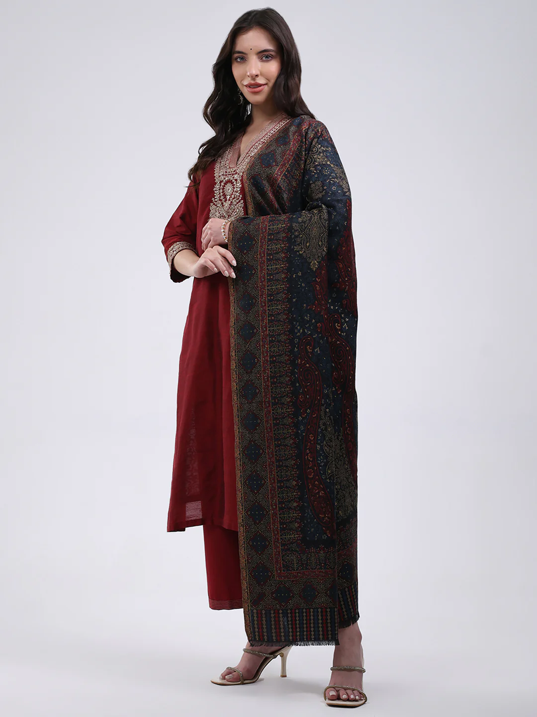 Women Multicolor Self Design Wool Blend Shawl - Image 3