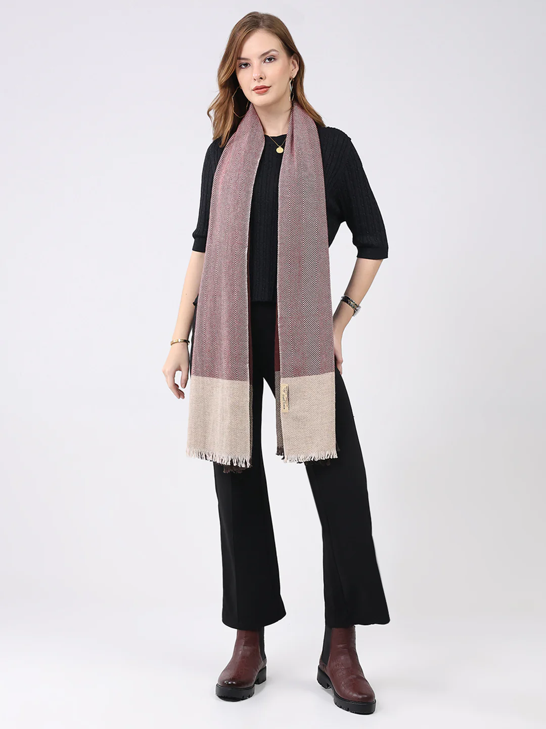 Women Multicolor Self Design Wool Stole - Image 2