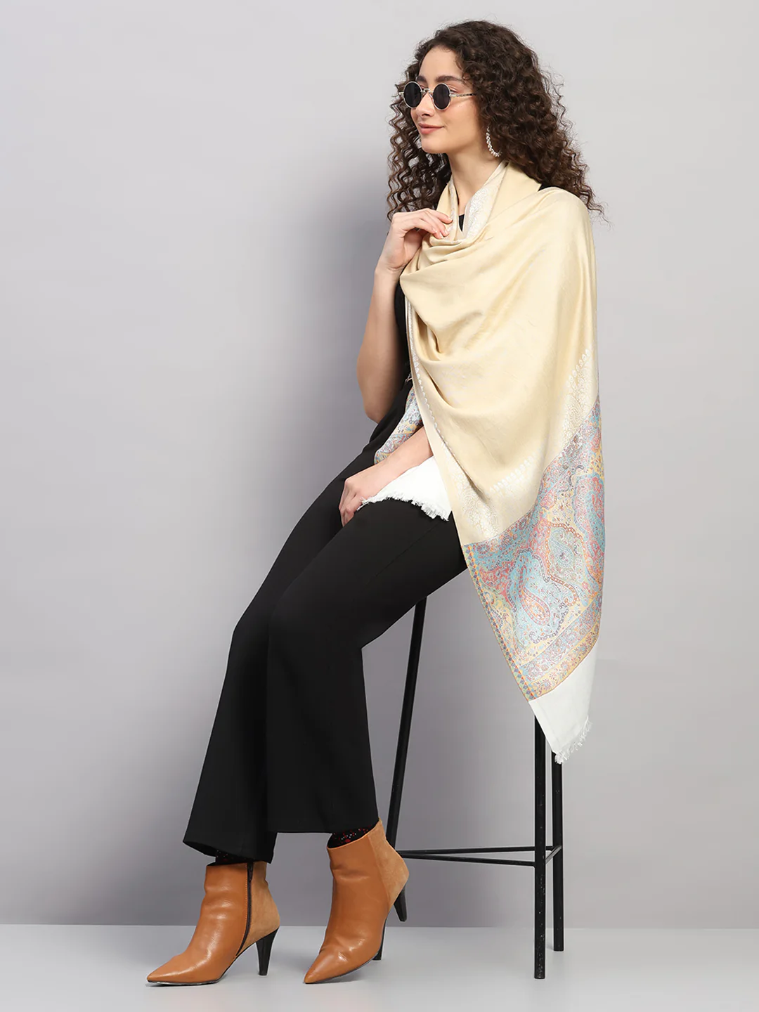 Women Multicolor Self Design Wool Stole - Image 2