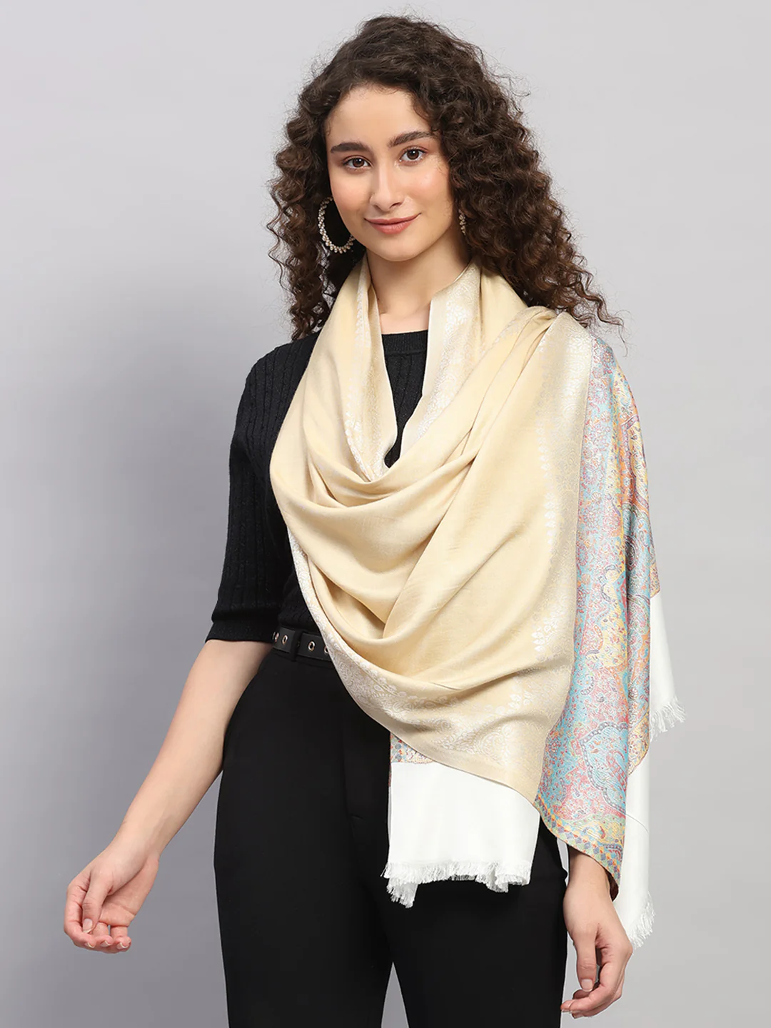 Women Multicolor Self Design Wool Stole - Image 3