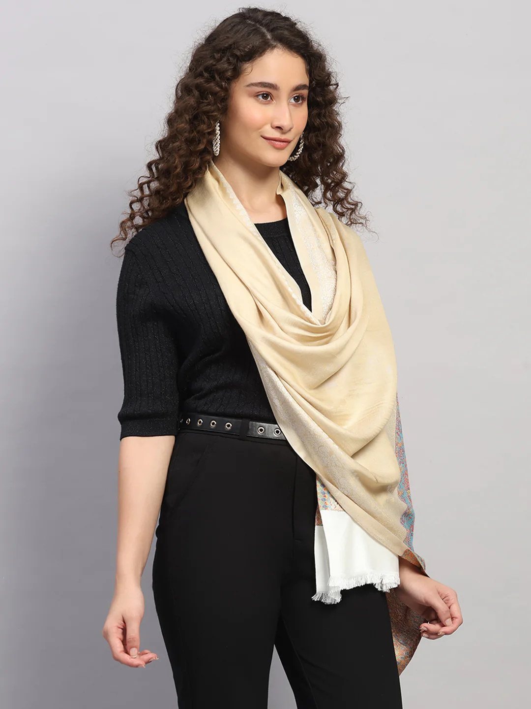 Women Multicolor Self Design Wool Stole - Image 4