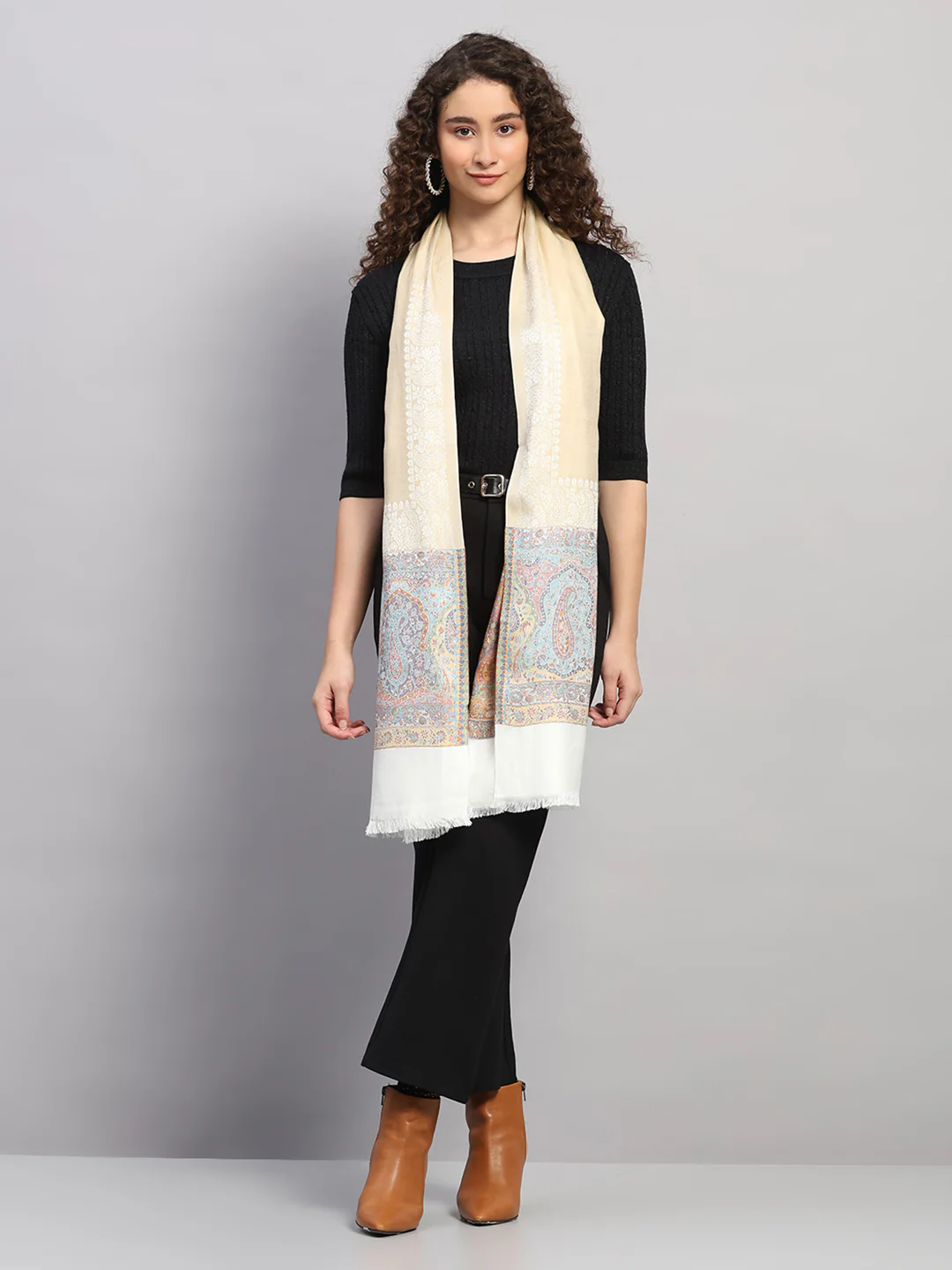 Women Multicolor Self Design Wool Stole - Image 5
