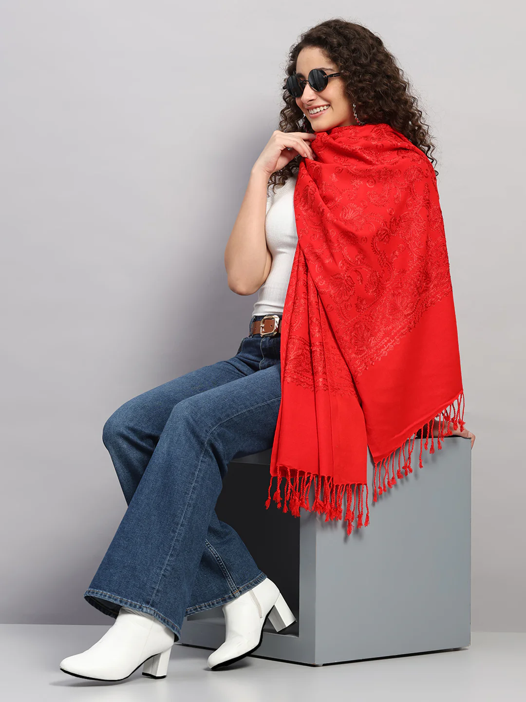 Women Multicolor Self Design Wool Stole - Image 2
