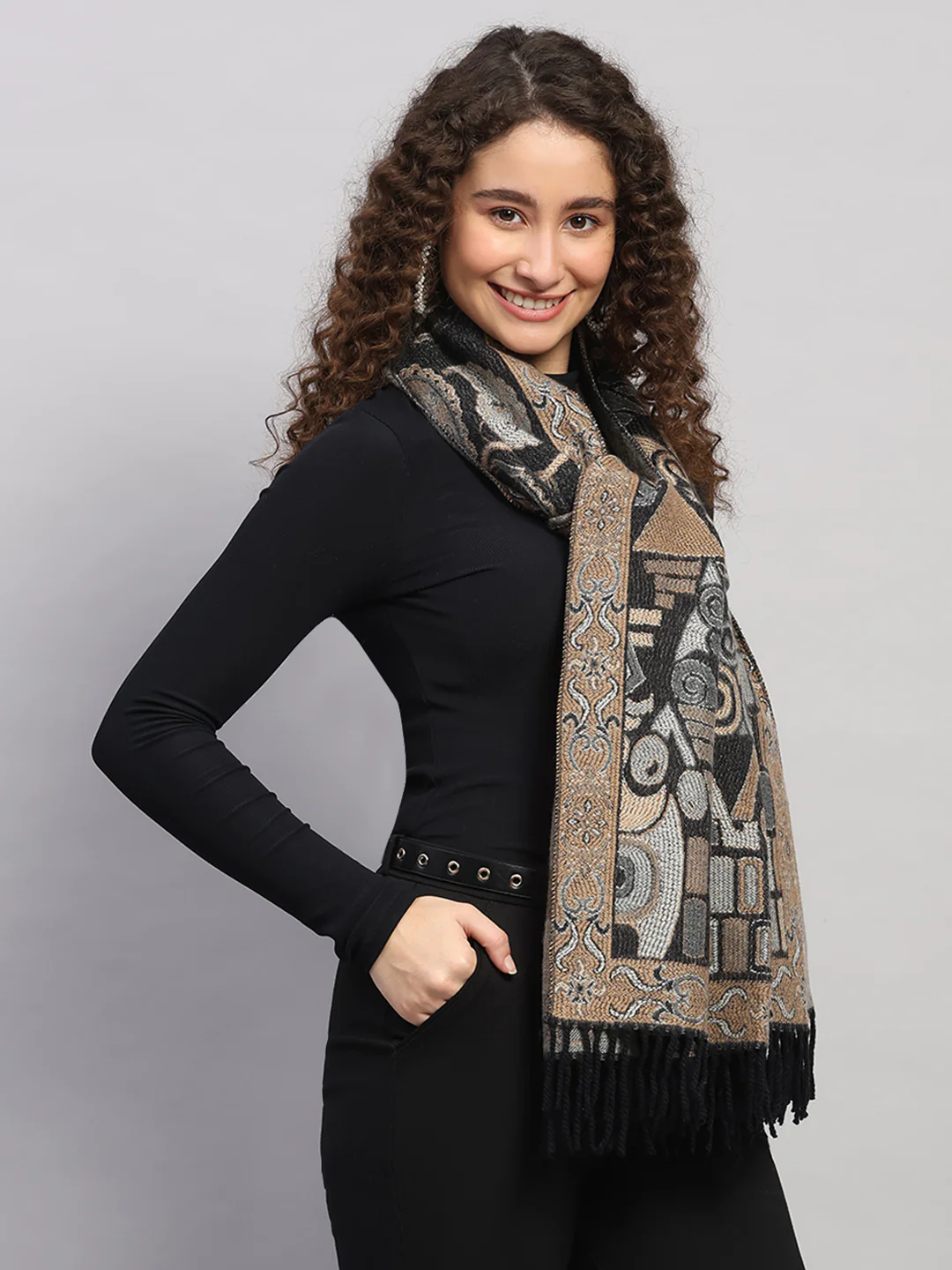 Women Multicolor Self Design Wool Stole - Image 4