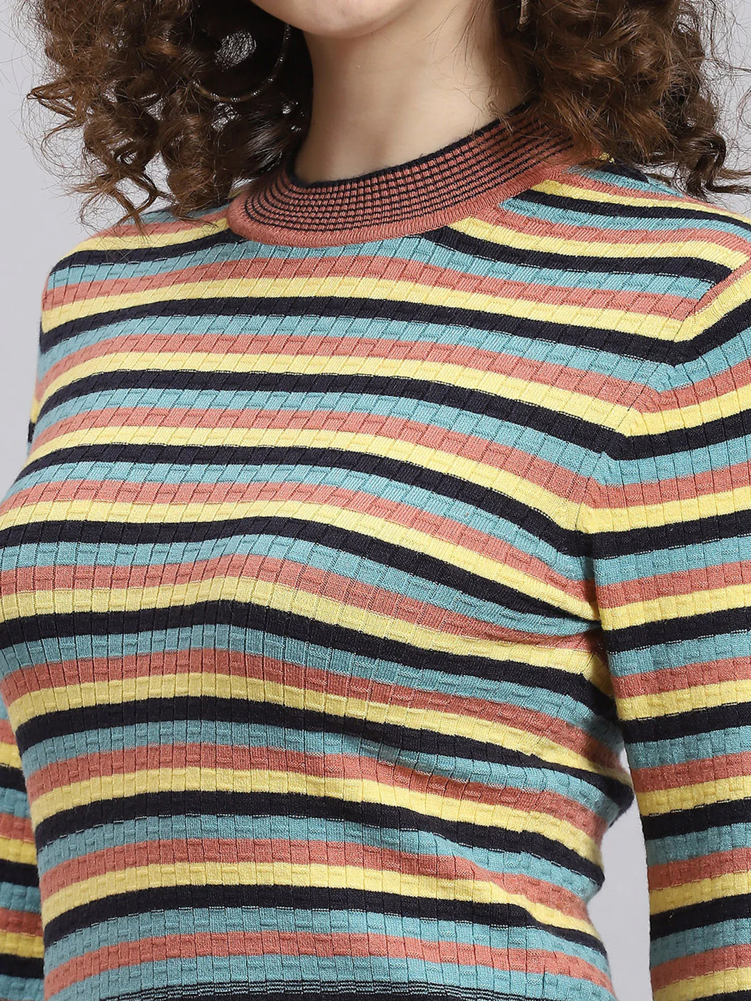 Women Multicolor Stripe Round Neck Full Sleeve Sweatshirt - Image 6
