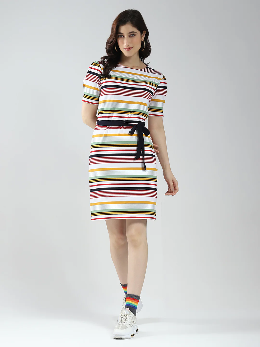 Women Multicolor Stripe Round Neck Half Sleeve Dress - Image 3