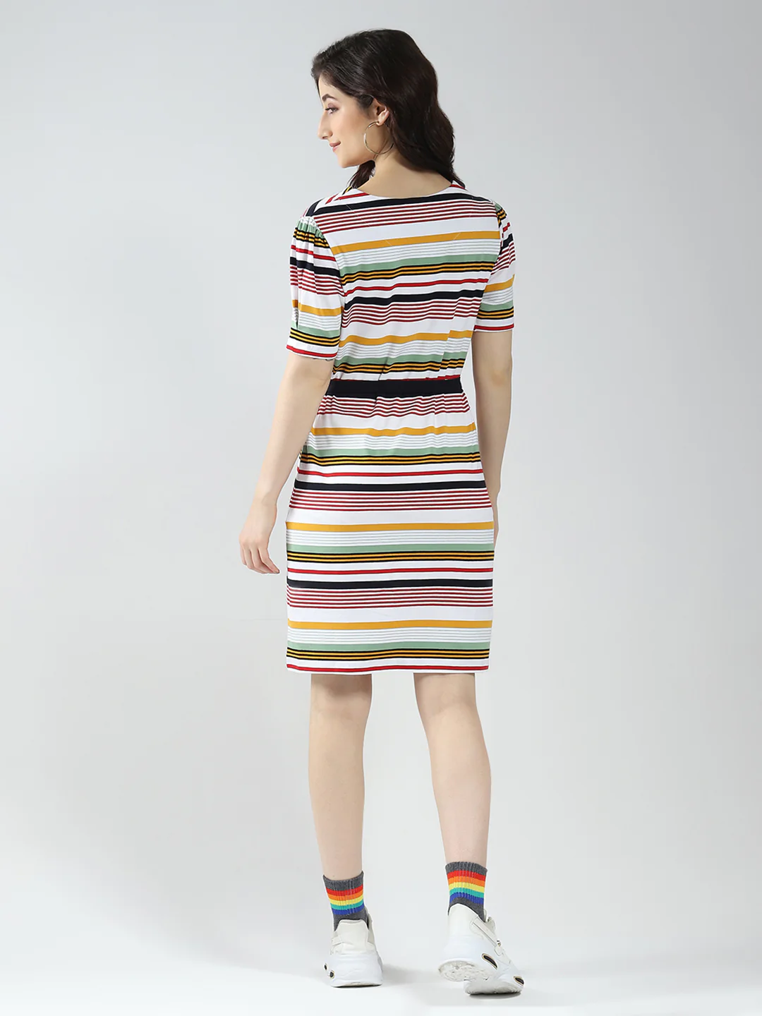 Women Multicolor Stripe Round Neck Half Sleeve Dress - Image 6