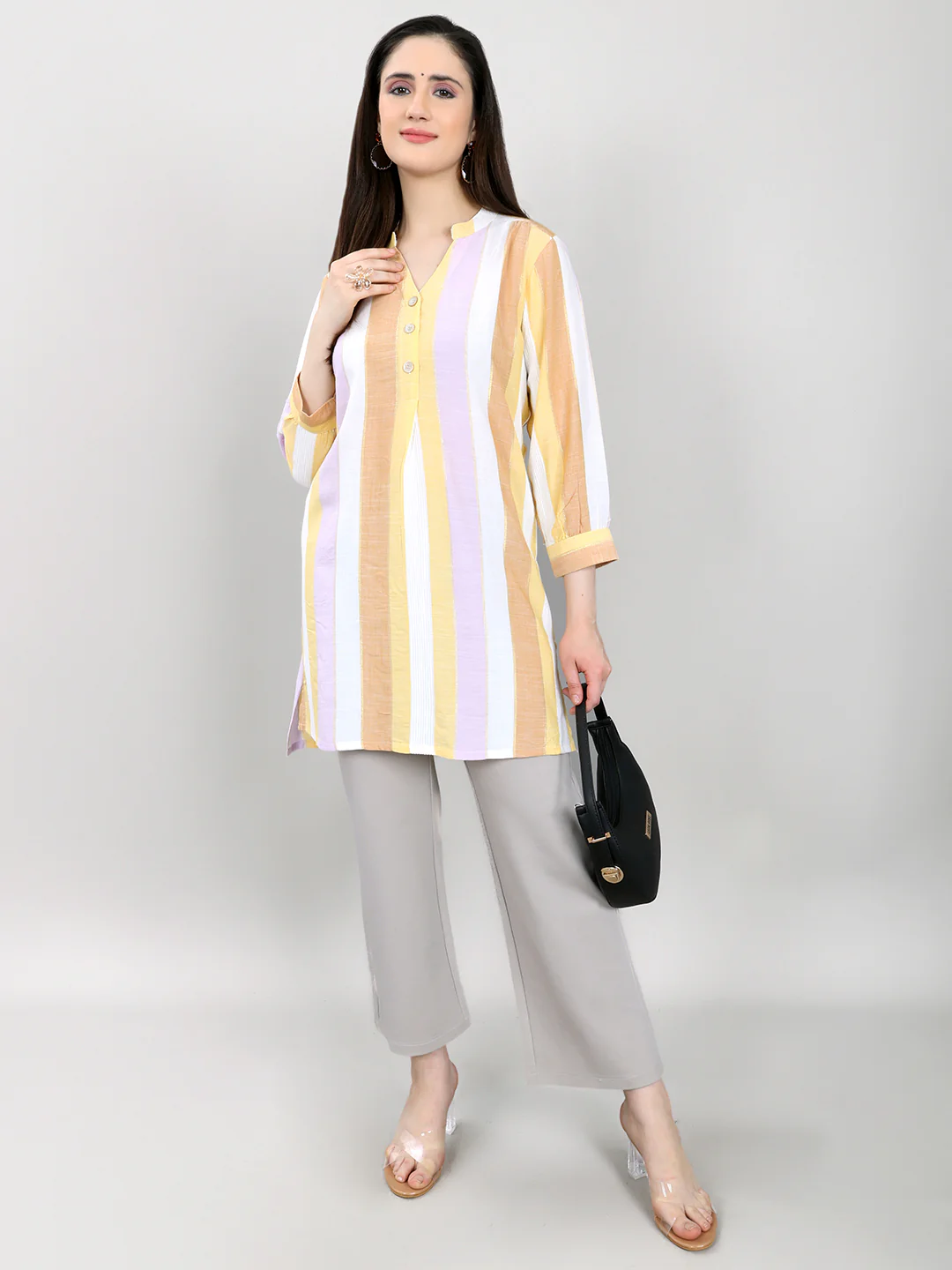 Women Multicolor Stripe V Neck 3/4th Sleeve Kurti - Image 6