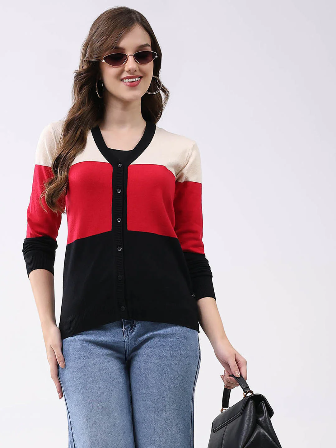 Women Multicolor Stripe V Neck Full Sleeve Cardigan - Image 6