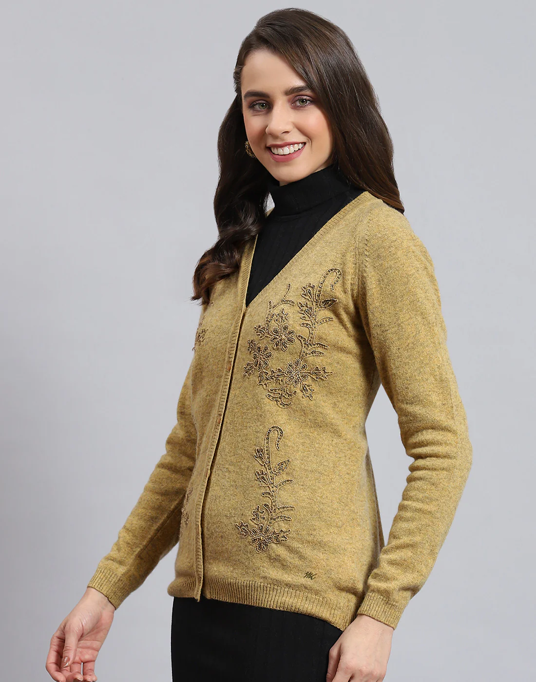 Women Mustard Embellished V Neck Full Sleeve Cardigan - Image 3
