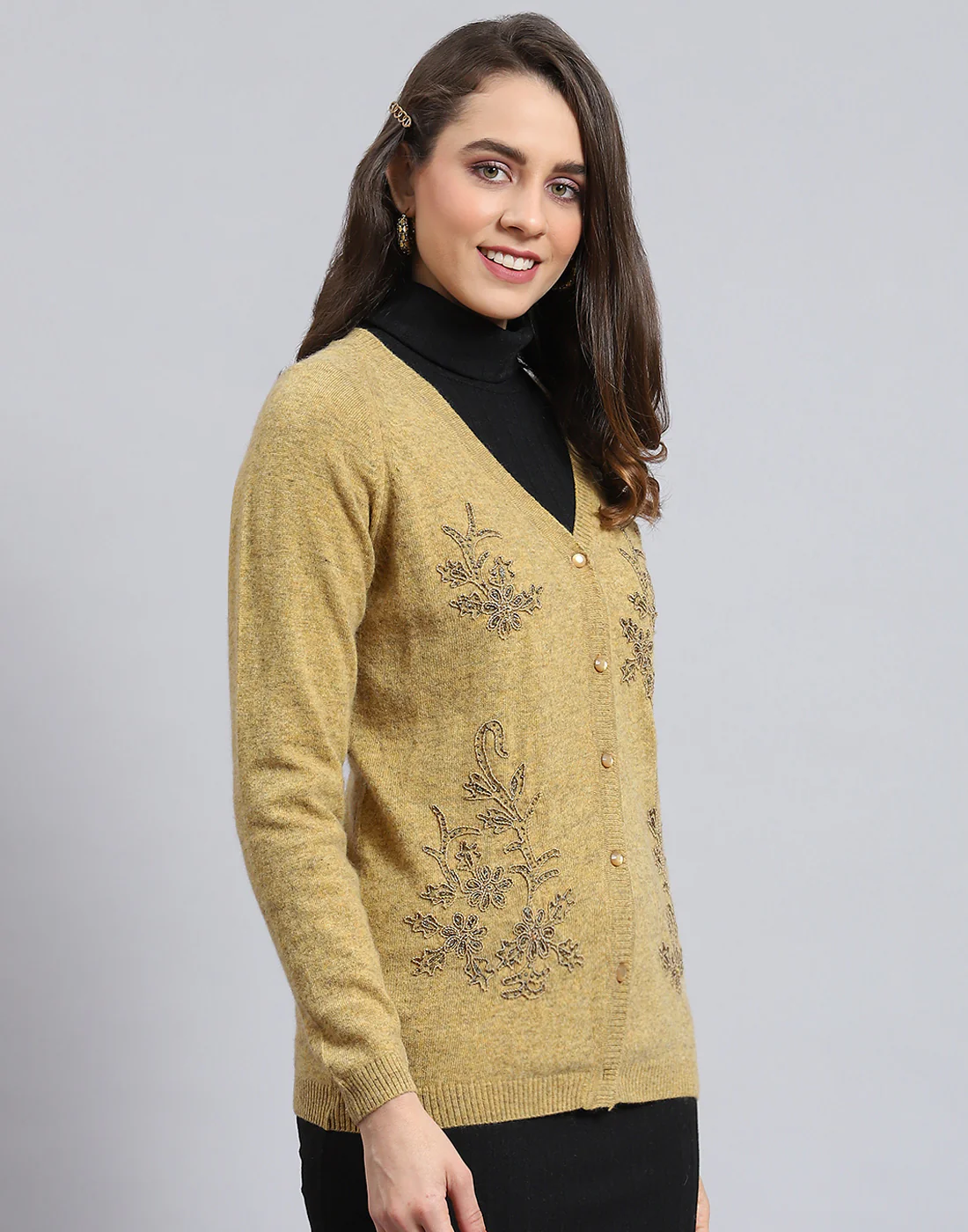 Women Mustard Embellished V Neck Full Sleeve Cardigan - Image 4