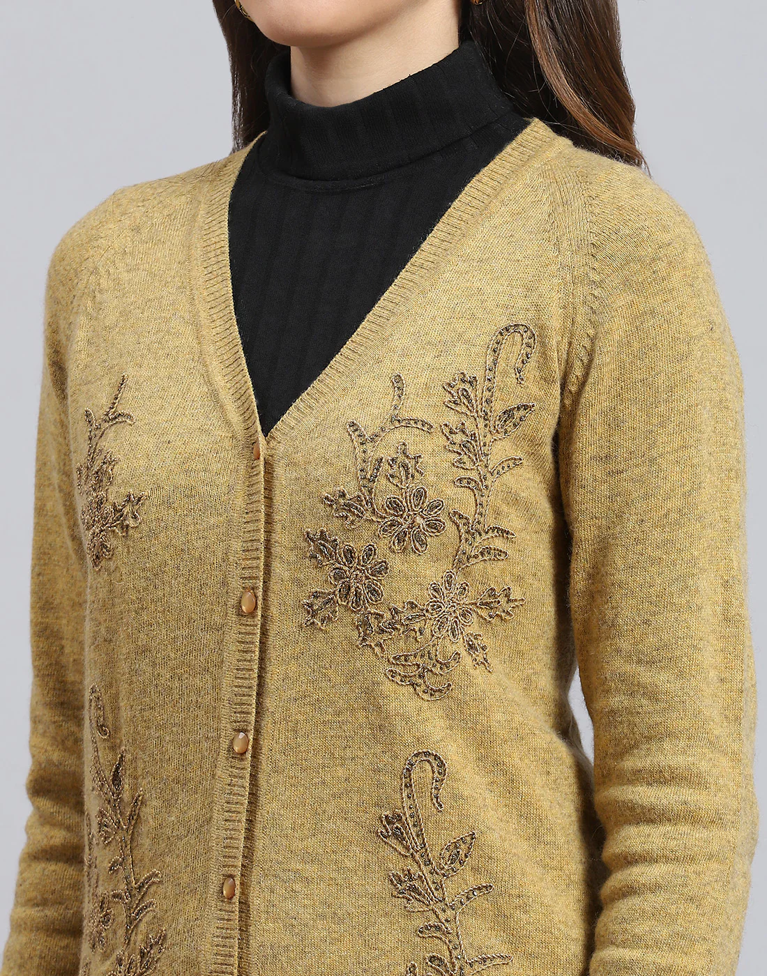 Women Mustard Embellished V Neck Full Sleeve Cardigan - Image 7