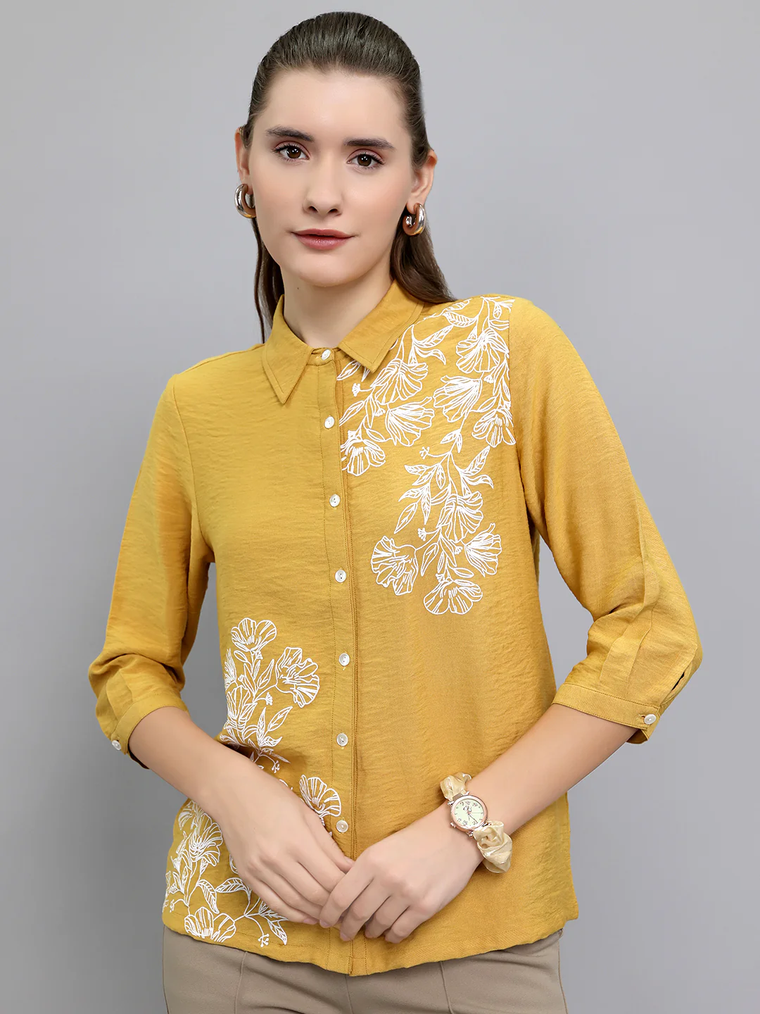 Women Mustard Embroidered Collar 3/4th Sleeve Top