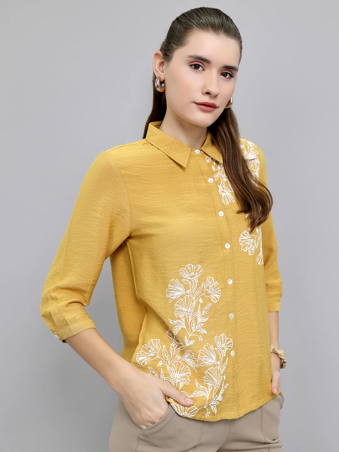 Women Mustard Embroidered Collar 3/4th Sleeve Top - Image 3