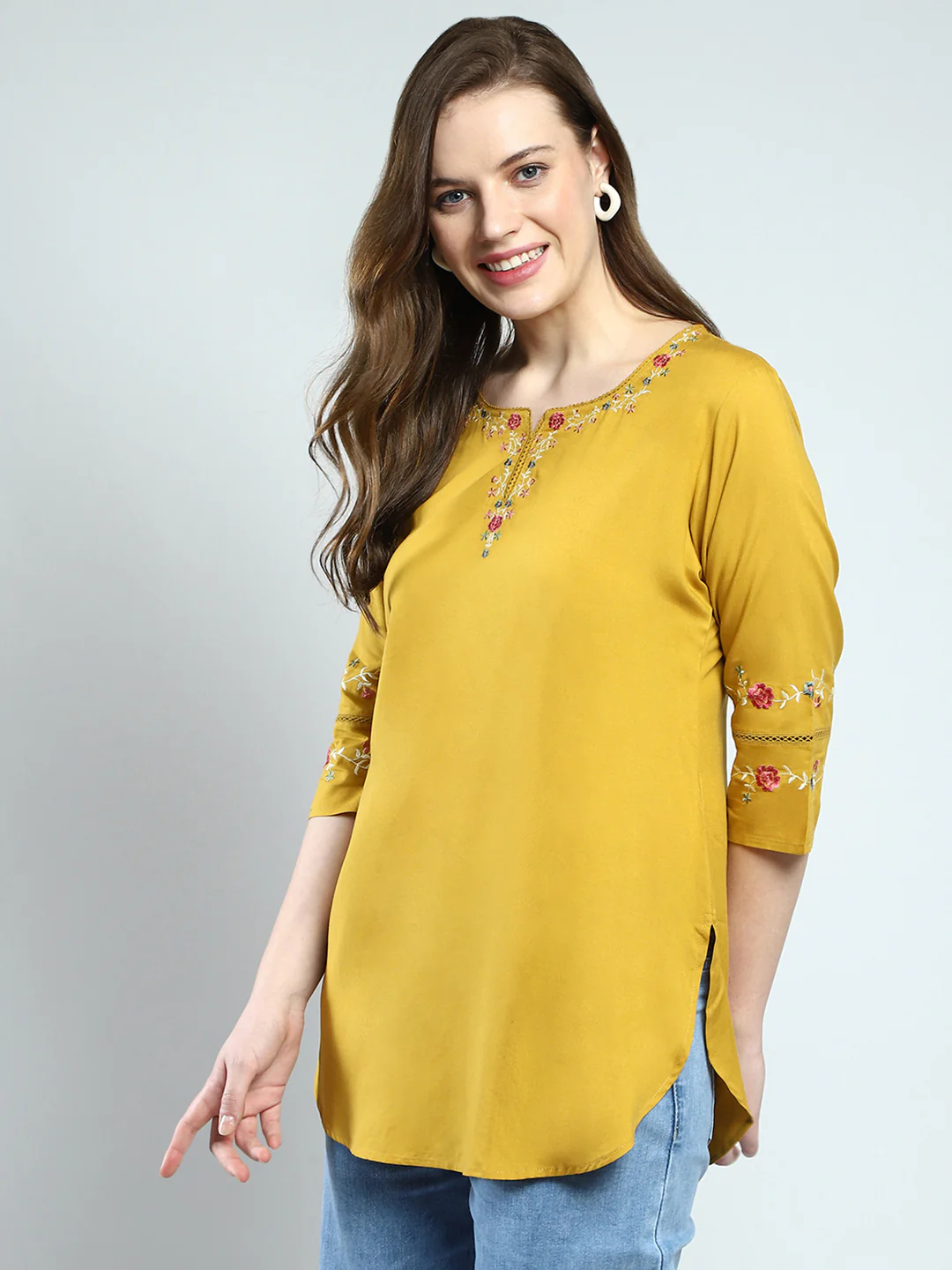 Women Mustard Embroidered Round Neck 3/4th Sleeve Top - Image 3