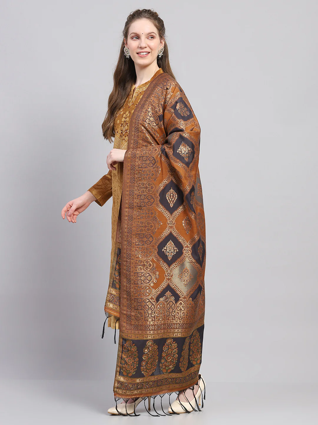 Women Mustard Embroidered Round Neck Full Sleeve Kurti Set with Stole - Image 3
