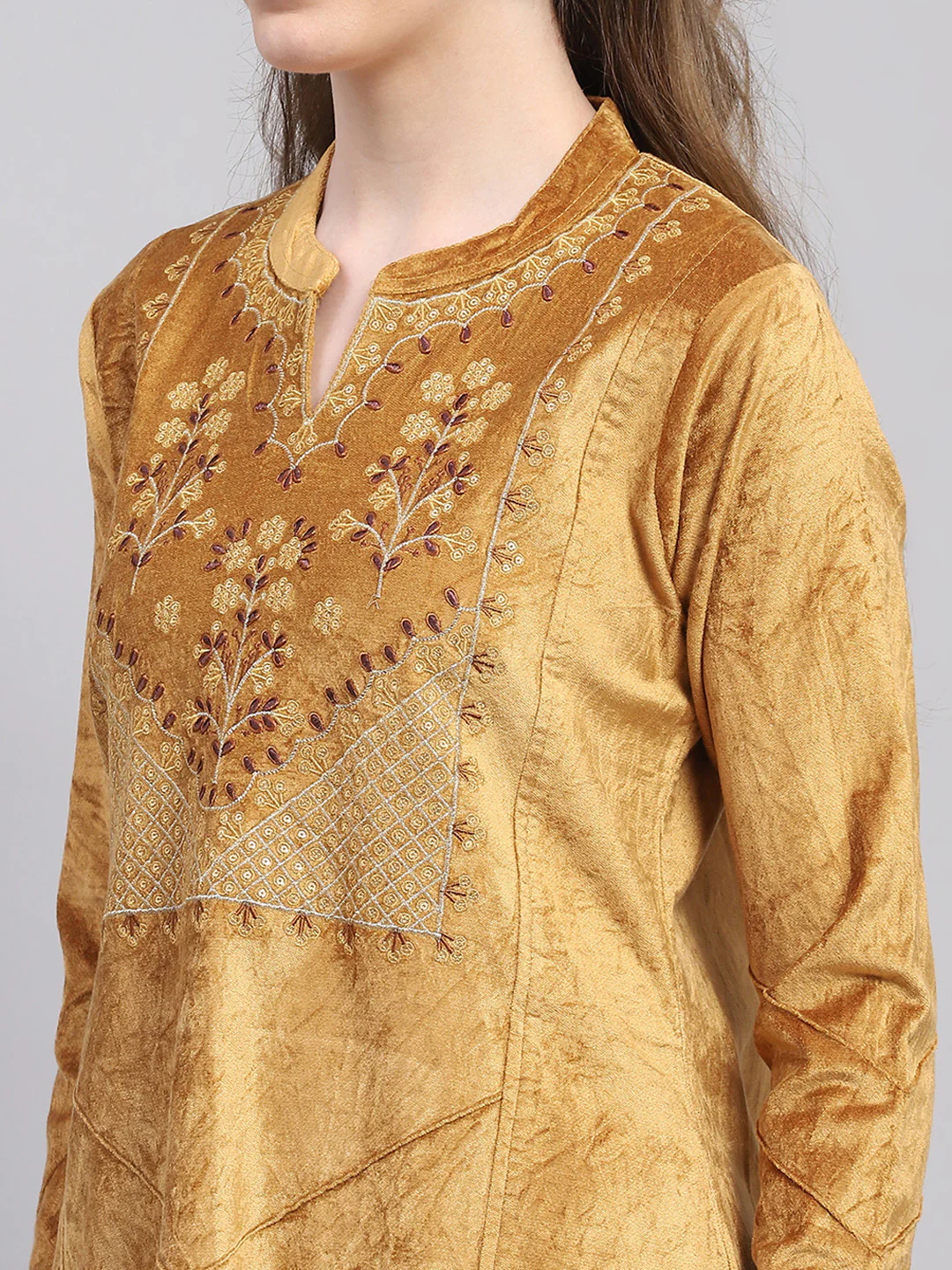 Women Mustard Embroidered Round Neck Full Sleeve Kurti Set with Stole - Image 7