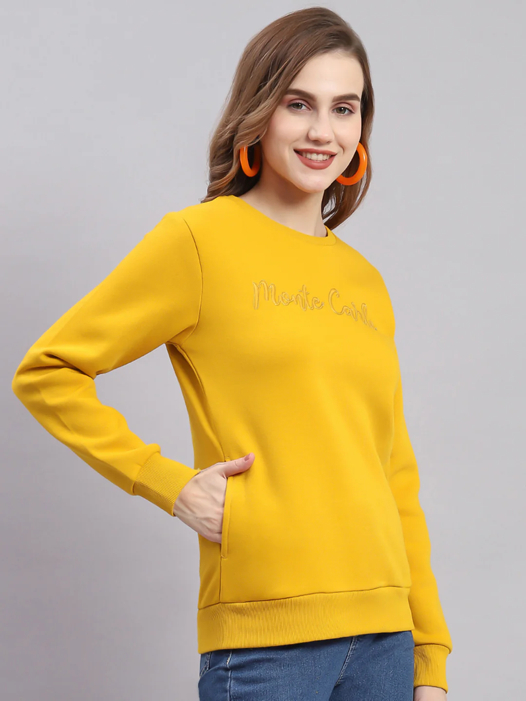 Women Mustard Embroidered Round Neck Full Sleeve Sweatshirts - Image 4