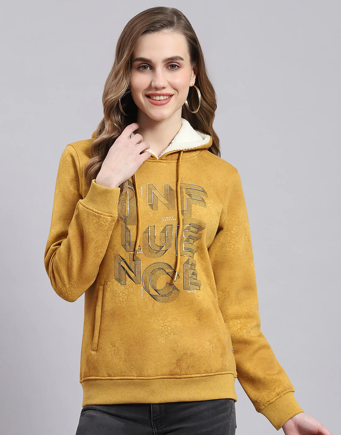 Women Mustard Printed Hooded Full Sleeve Sweatshirt - Image 2
