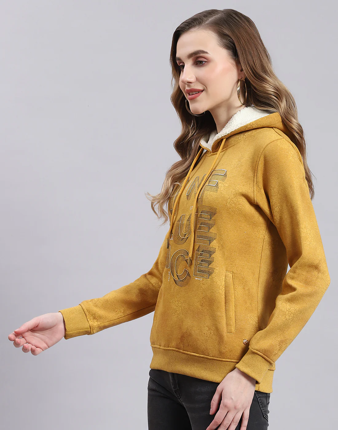 Women Mustard Printed Hooded Full Sleeve Sweatshirt - Image 3