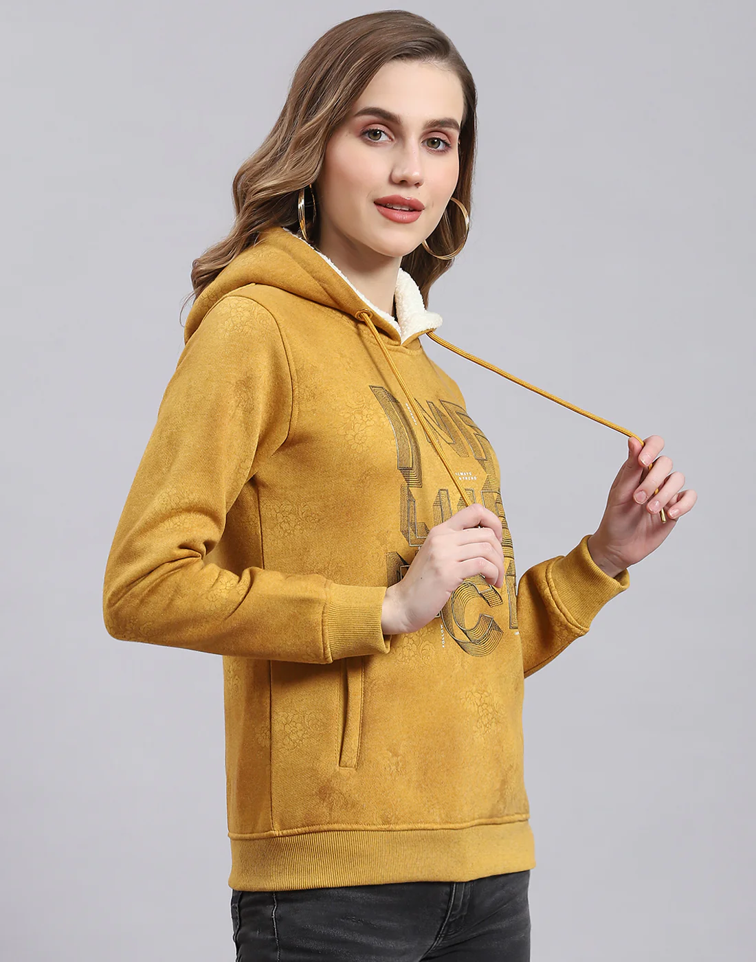 Women Mustard Printed Hooded Full Sleeve Sweatshirt - Image 4