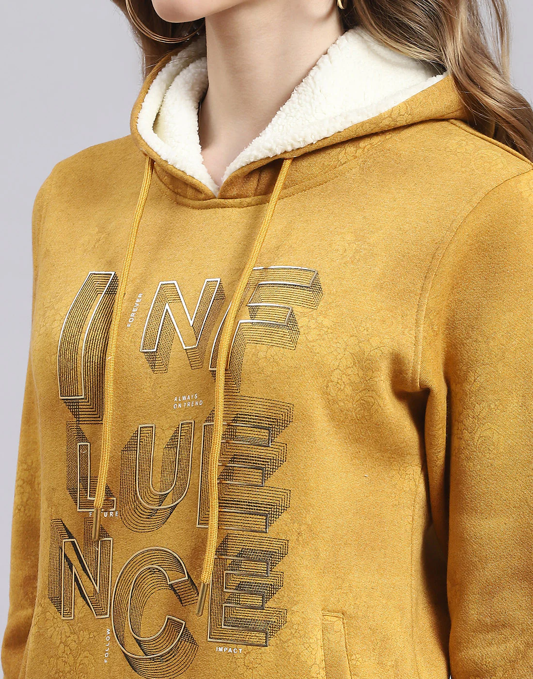 Women Mustard Printed Hooded Full Sleeve Sweatshirt - Image 6