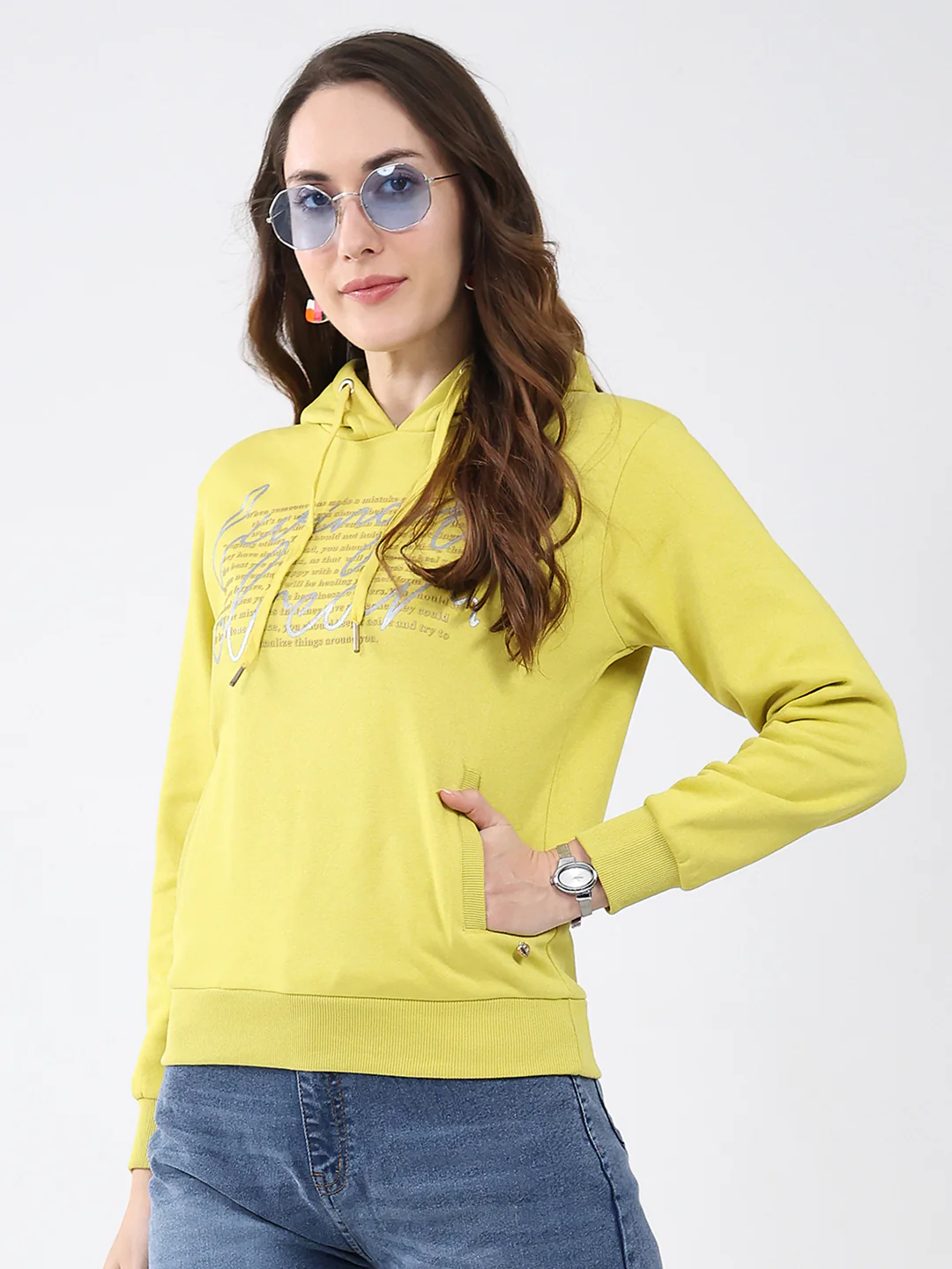 Women Mustard Printed Hooded Full Sleeve Sweatshirt - Image 6