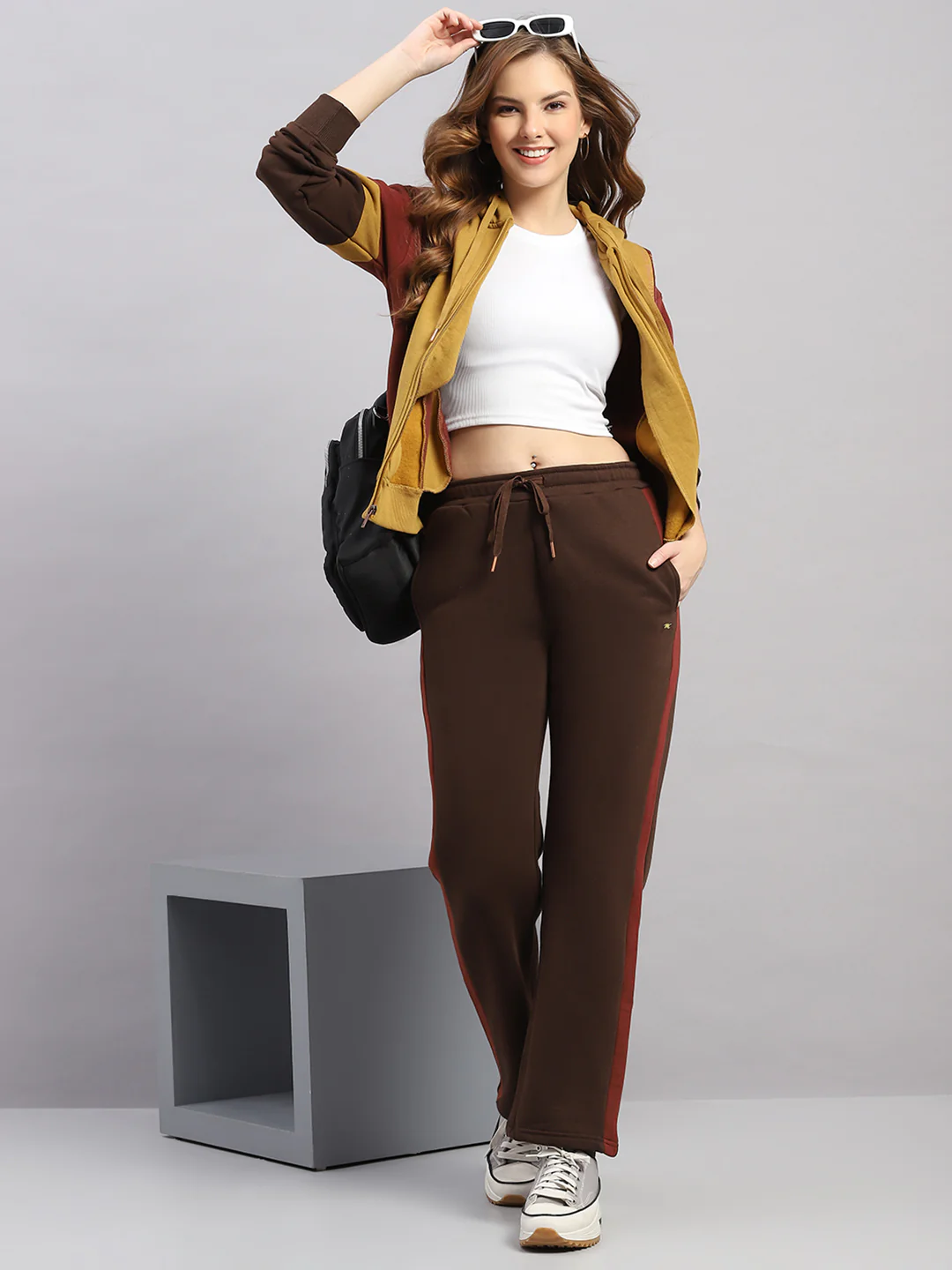 Women Mustard Printed Hooded Full Sleeve Winter Tracksuit - Image 2