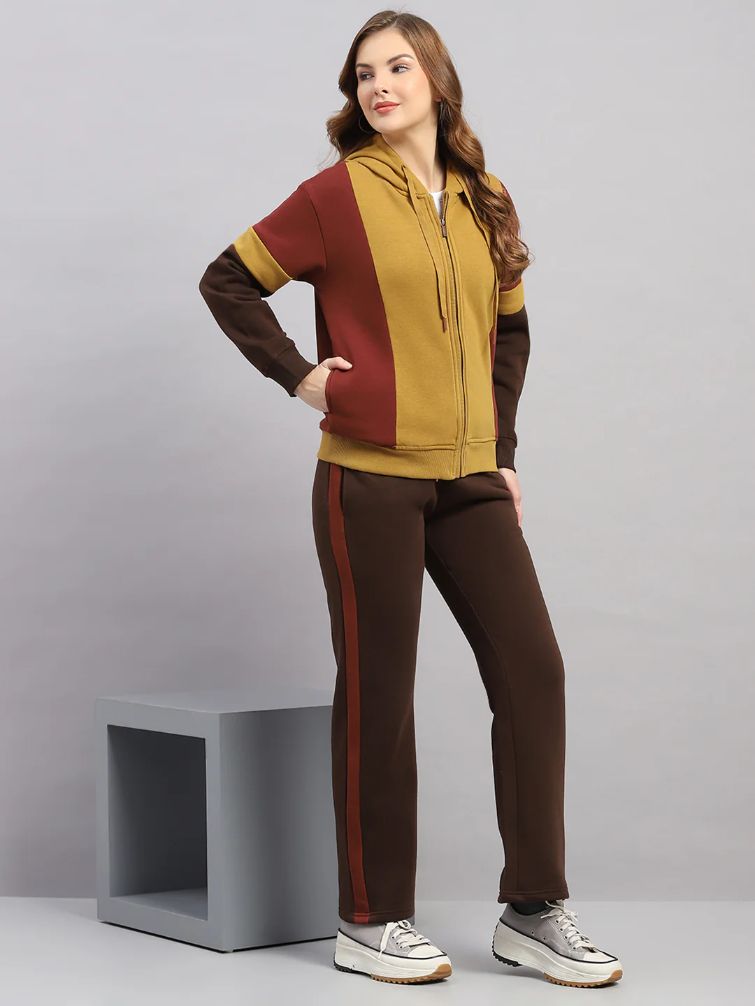 Women Mustard Printed Hooded Full Sleeve Winter Tracksuit - Image 4