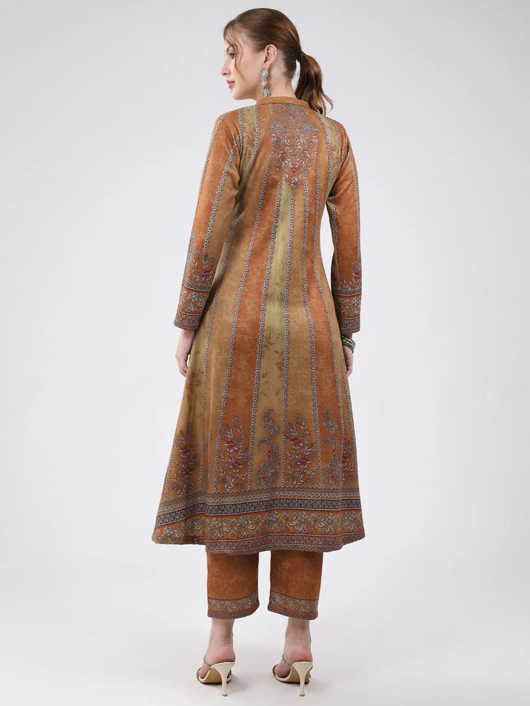 Women Mustard Printed Round Neck Full Sleeve Kurti Set for Winter - Image 2