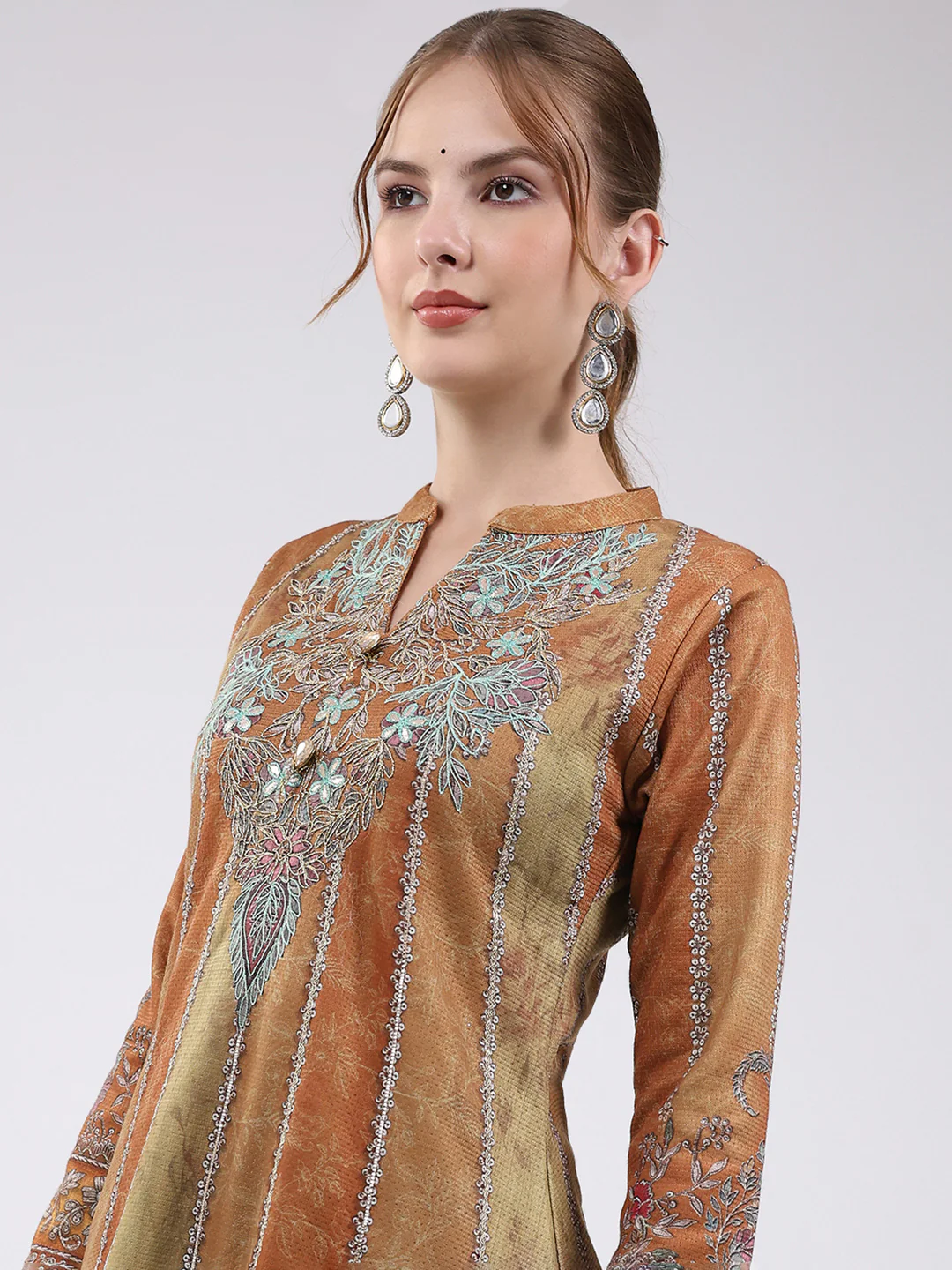 Women Mustard Printed Round Neck Full Sleeve Kurti Set for Winter - Image 7