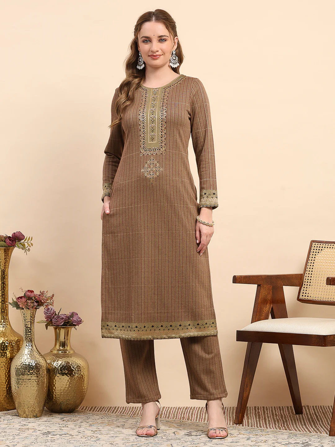 Women Mustard Printed Round Neck Full Sleeve Kurti Set for Winter