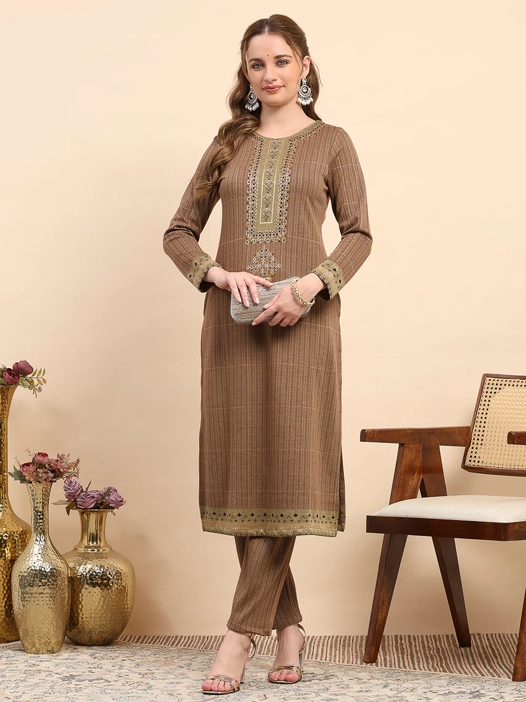 Women Mustard Printed Round Neck Full Sleeve Kurti Set for Winter - Image 2