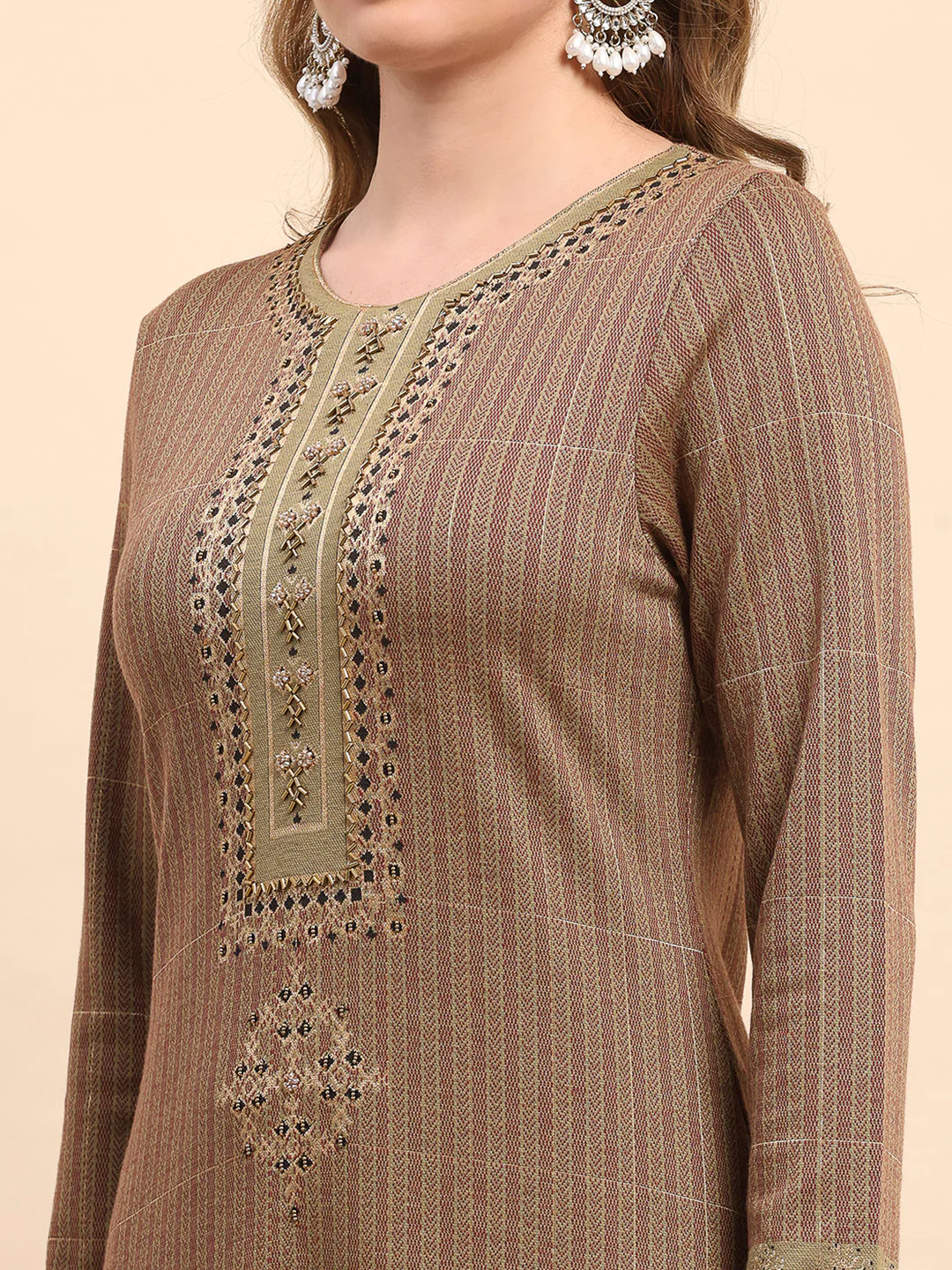 Women Mustard Printed Round Neck Full Sleeve Kurti Set for Winter - Image 6