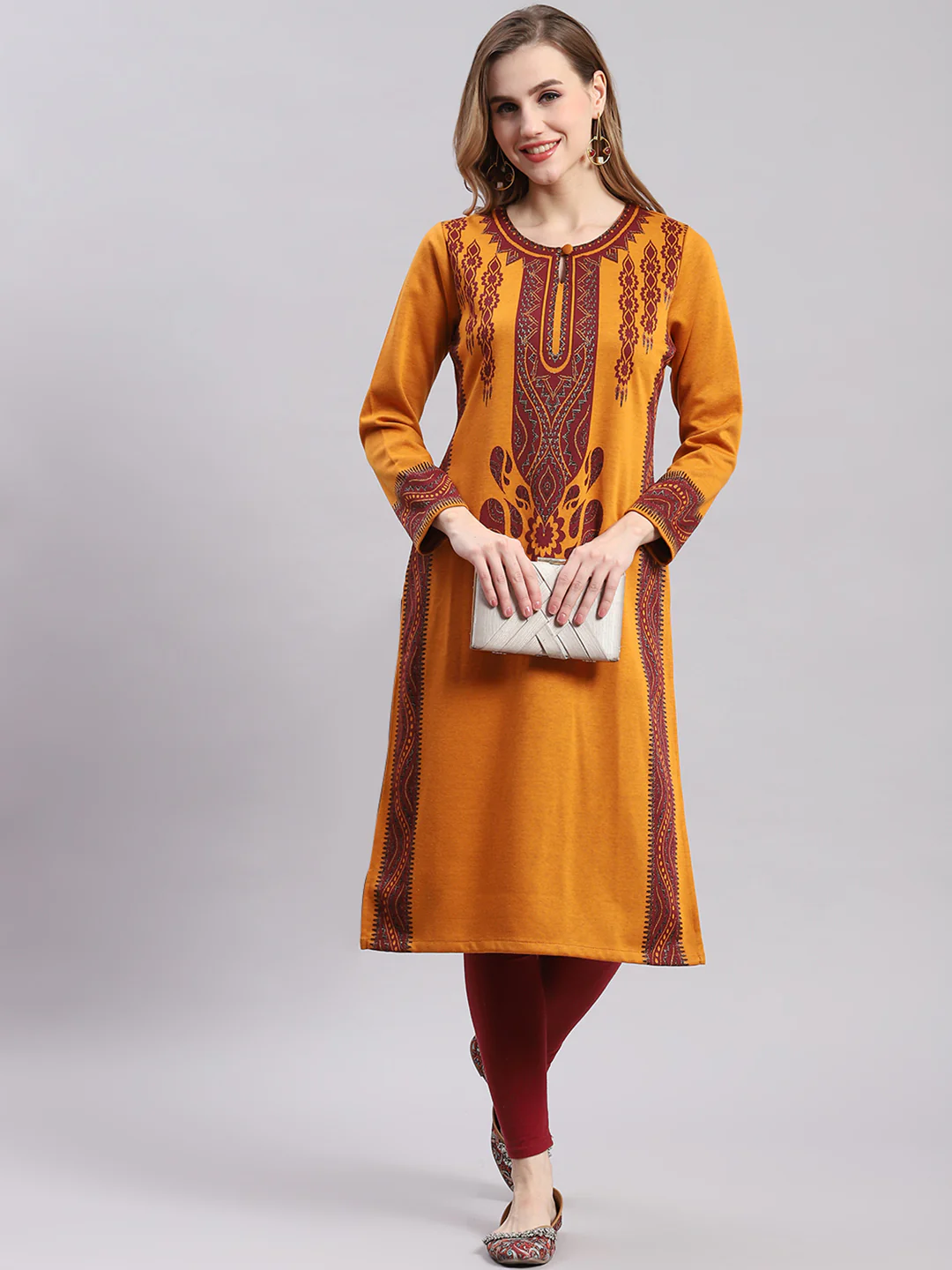 Women Mustard Printed Round Neck Full Sleeve Kurtis