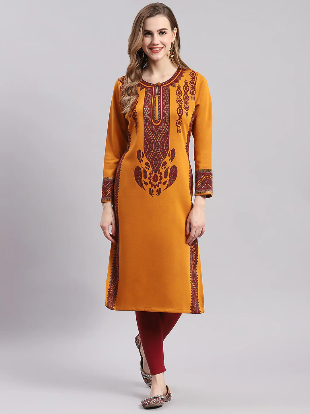 Women Mustard Printed Round Neck Full Sleeve Kurtis - Image 3