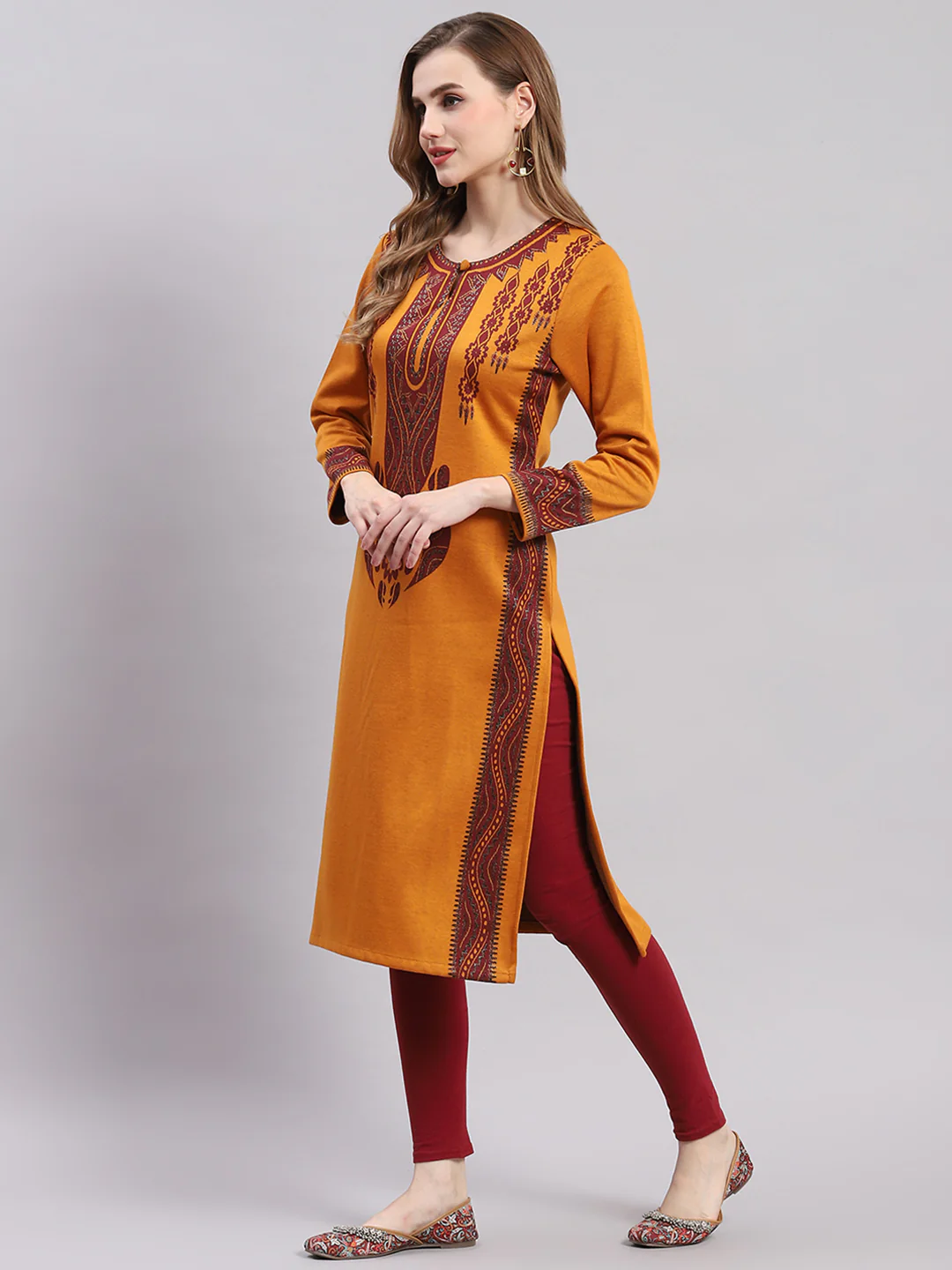 Women Mustard Printed Round Neck Full Sleeve Kurtis - Image 4