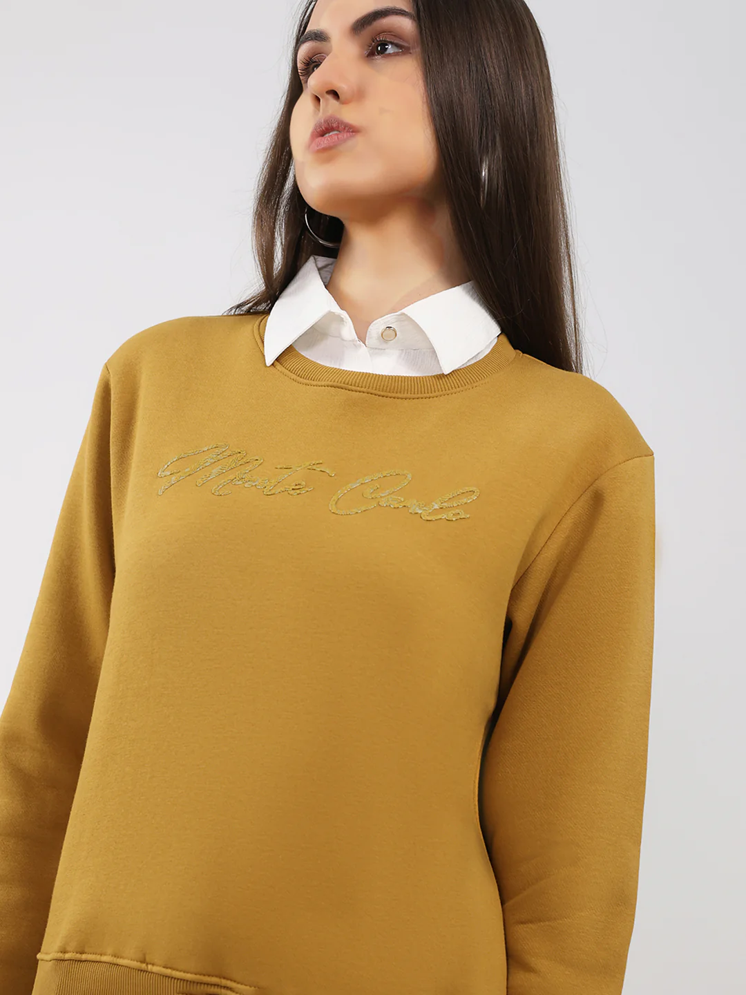 Women Mustard Printed Round Neck Full Sleeve Sweatshirt - Image 6