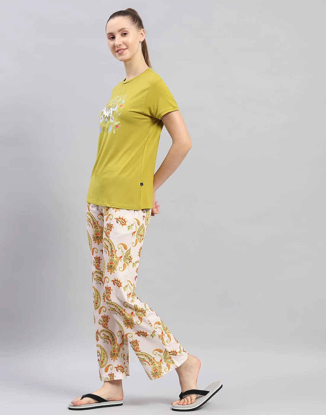 Women Mustard Printed Round Neck Half Sleeve Lower Set - Image 3