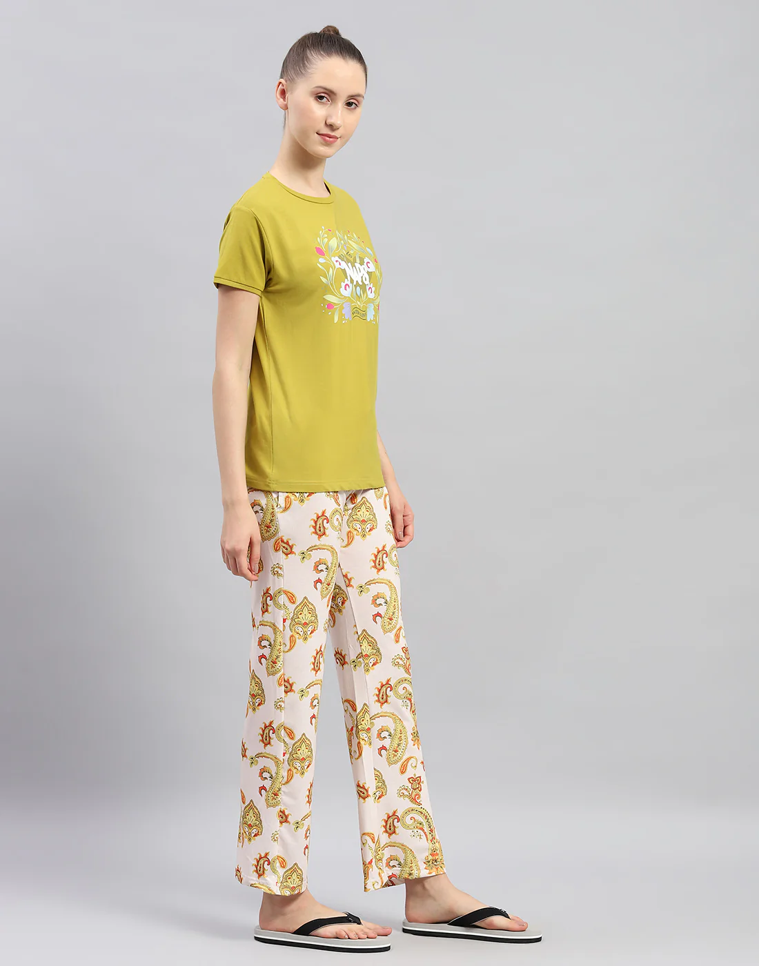 Women Mustard Printed Round Neck Half Sleeve Lower Set - Image 4