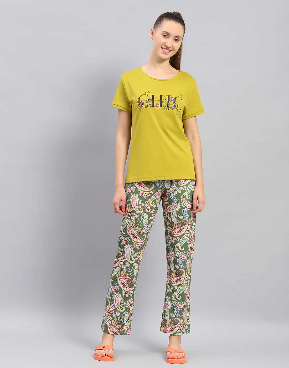 Women Mustard Printed Round Neck Half Sleeve Lower Set - Image 3