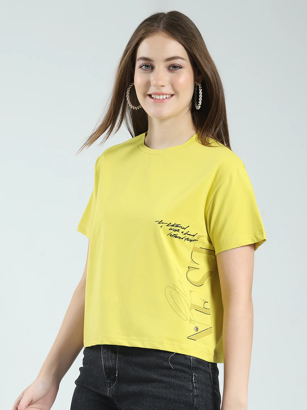 Women Mustard Printed Round Neck Half Sleeve Top - Image 3
